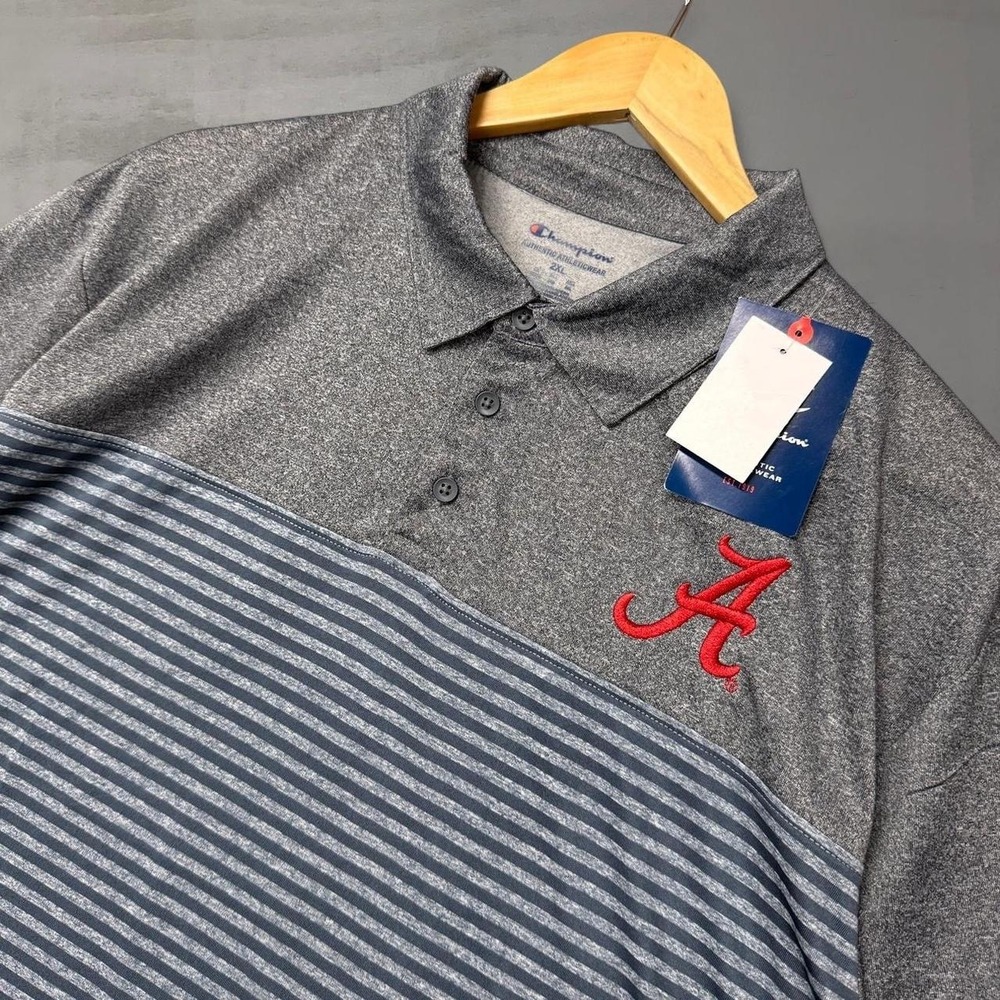 NEW Champion Alabama Crimson Tide Stretchy Polo Dri Fit Shirt Grey Striped 2XL